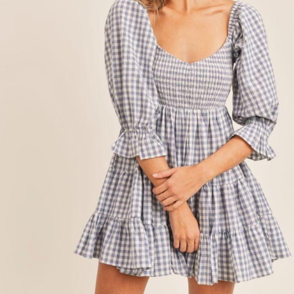 Blue gingham baby doll dress